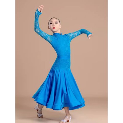 Girls blue dark green lace ballroom dance dresses for kids children waltz tango foxtrot smooth dance long swing skirts modern dance costumes 